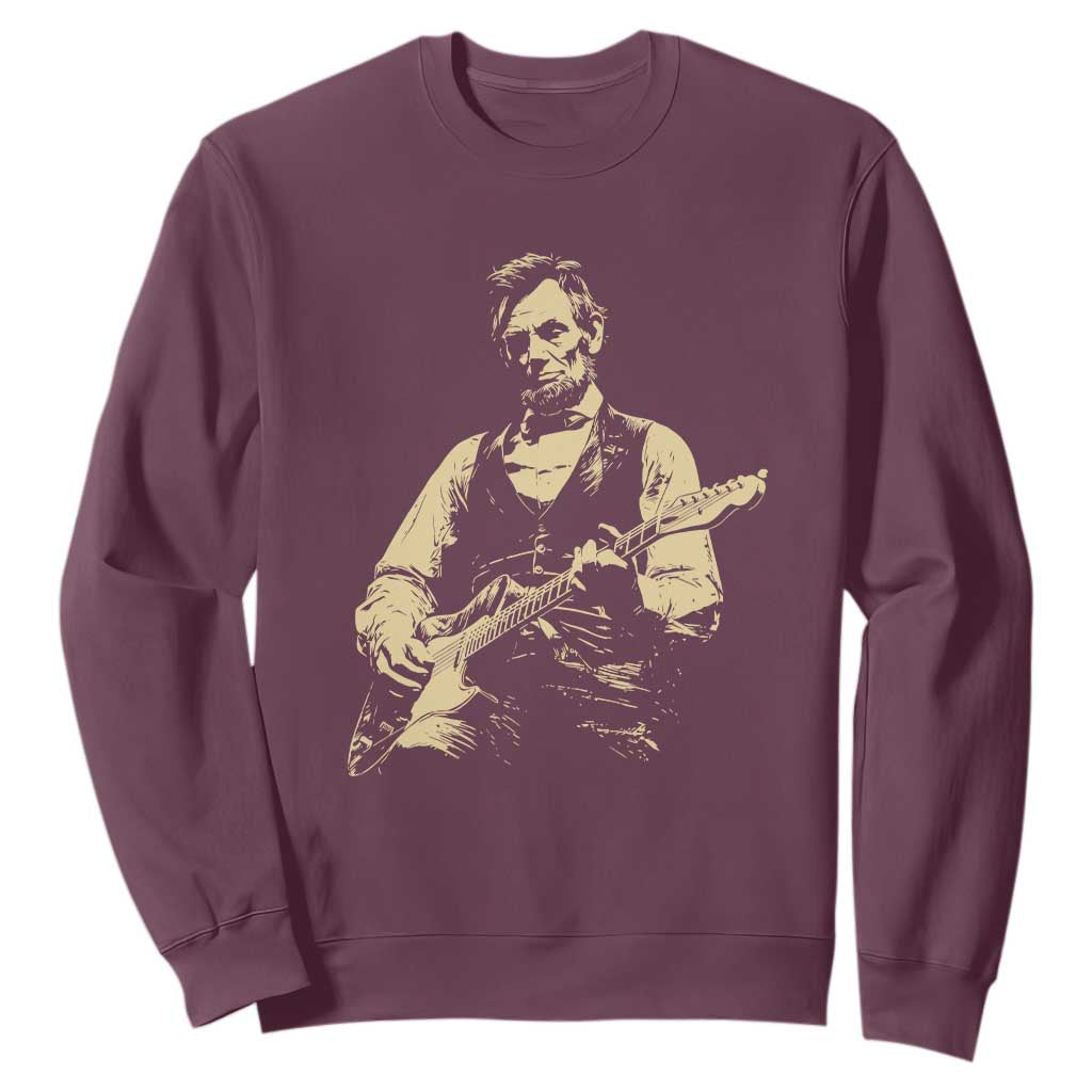 Vintage Rockin Abe Abraham Lincoln Playing Electric Guitar Sweatshirt Patriotic Music Rocker Mashup 4th of July Celebration TS02 Maroon Print Your Wear