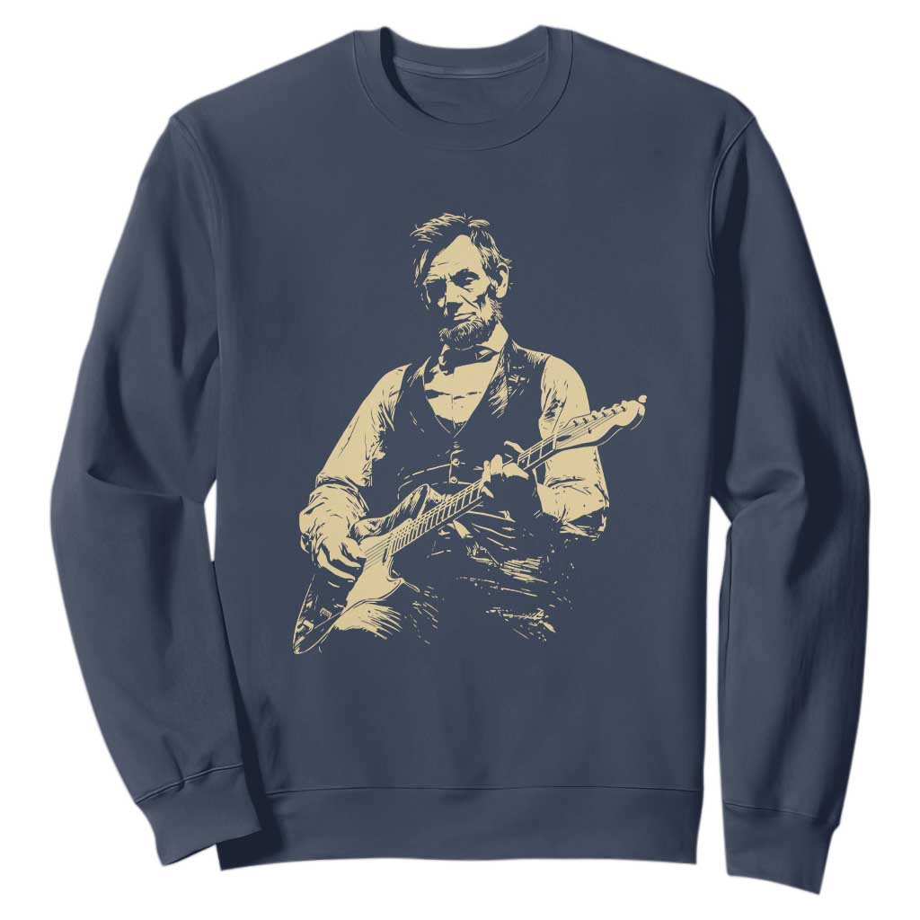 Vintage Rockin Abe Abraham Lincoln Playing Electric Guitar Sweatshirt Patriotic Music Rocker Mashup 4th of July Celebration TS02 Navy Print Your Wear