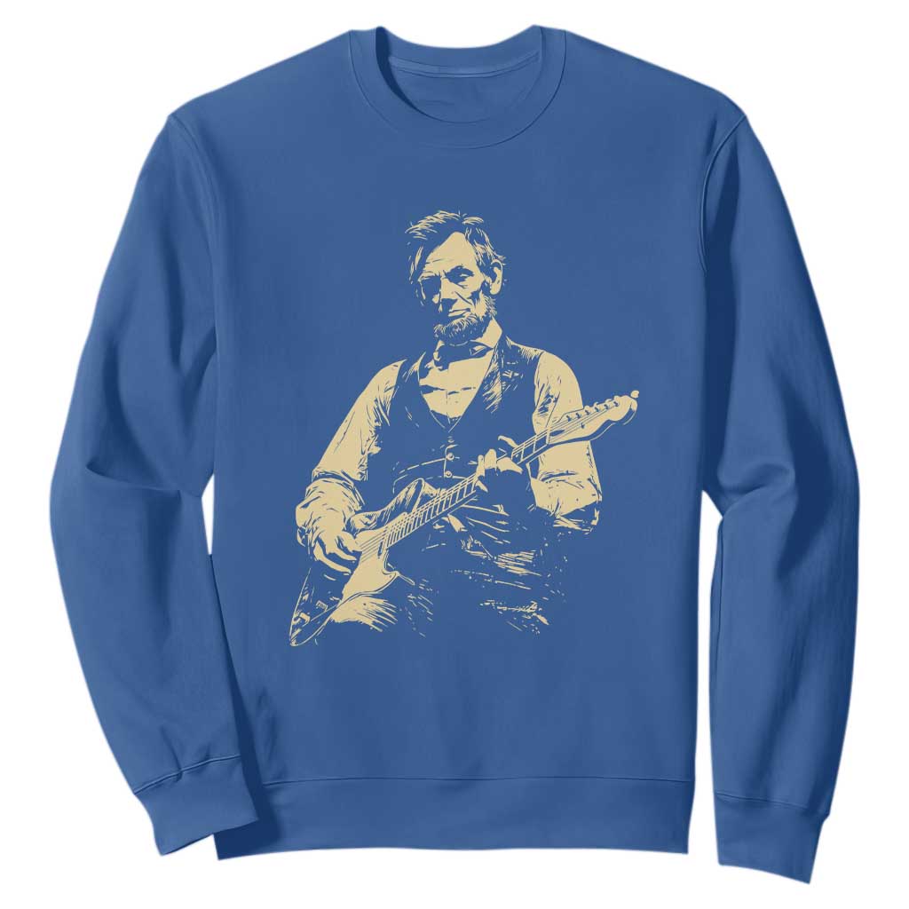 Vintage Rockin Abe Abraham Lincoln Playing Electric Guitar Sweatshirt Patriotic Music Rocker Mashup 4th of July Celebration TS02 Royal Blue Print Your Wear