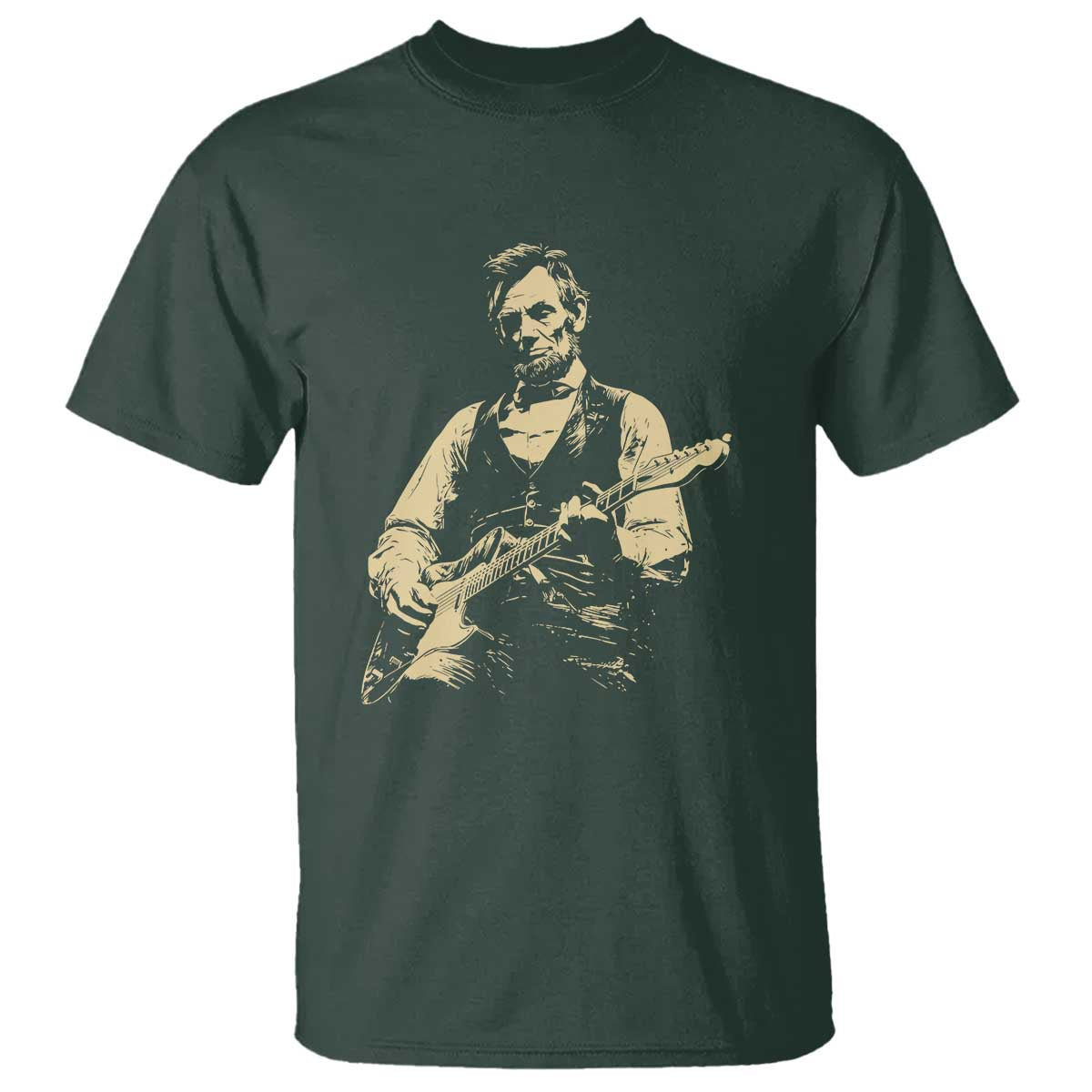 Vintage Rockin Abe Abraham Lincoln Playing Electric Guitar T Shirt - Patriotic Music Rocker Mashup 4th of July Celebration TS02 Dark Forest Green Print Your Wear