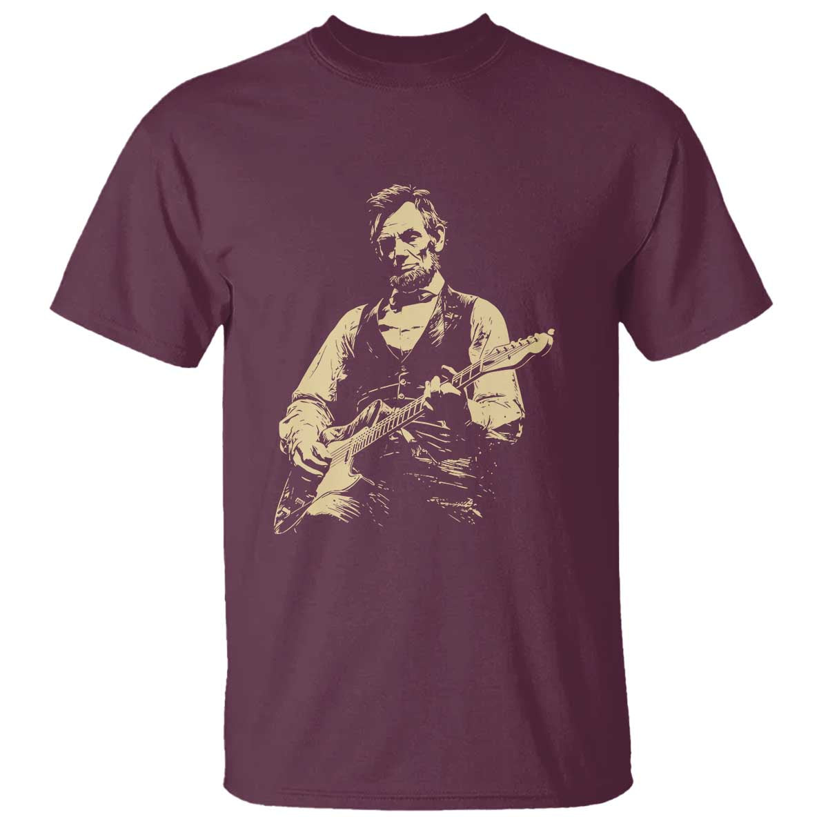 Vintage Rockin Abe Abraham Lincoln Playing Electric Guitar T Shirt - Patriotic Music Rocker Mashup 4th of July Celebration TS02 Maroon Print Your Wear