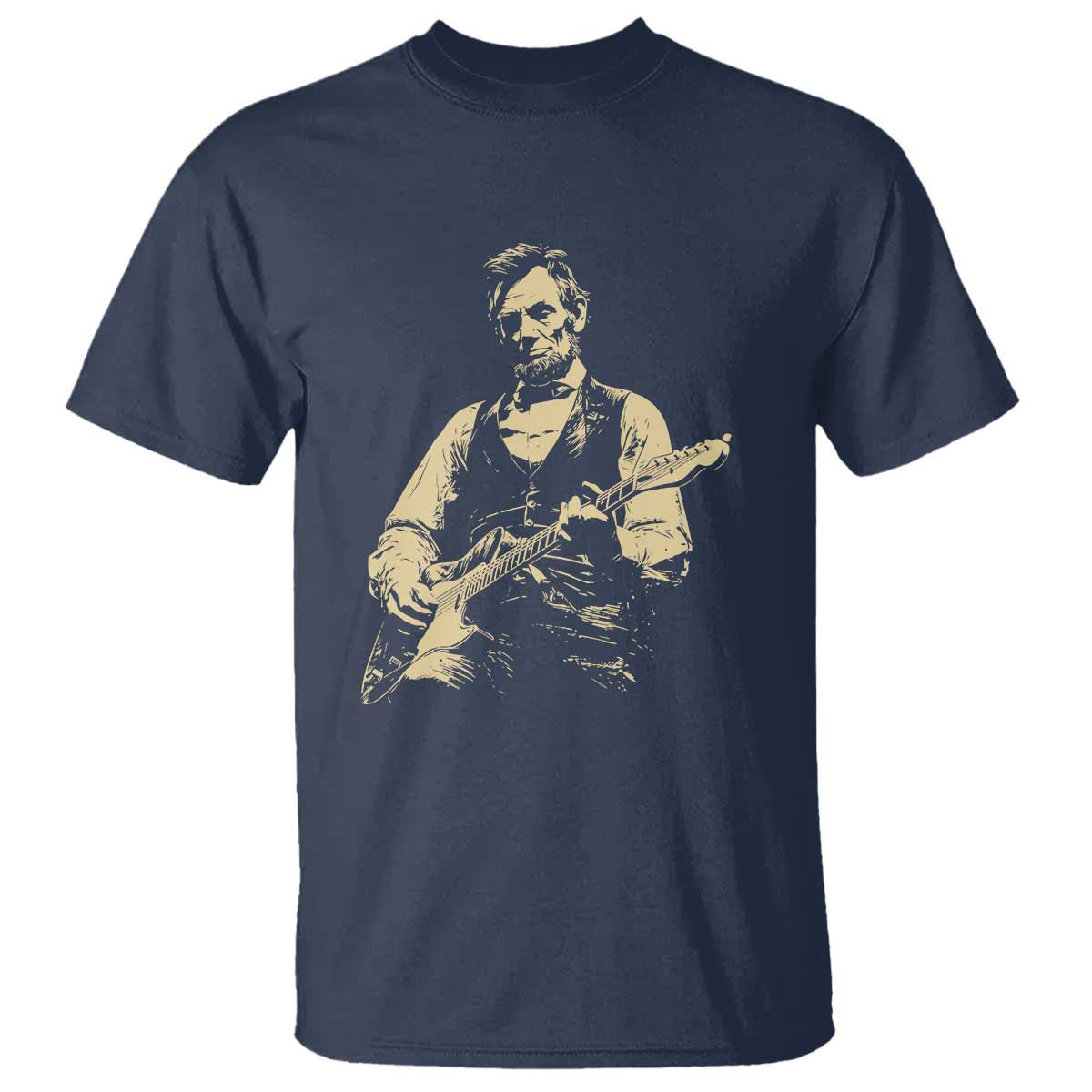 Vintage Rockin Abe Abraham Lincoln Playing Electric Guitar T Shirt - Patriotic Music Rocker Mashup 4th of July Celebration TS02 Navy Print Your Wear