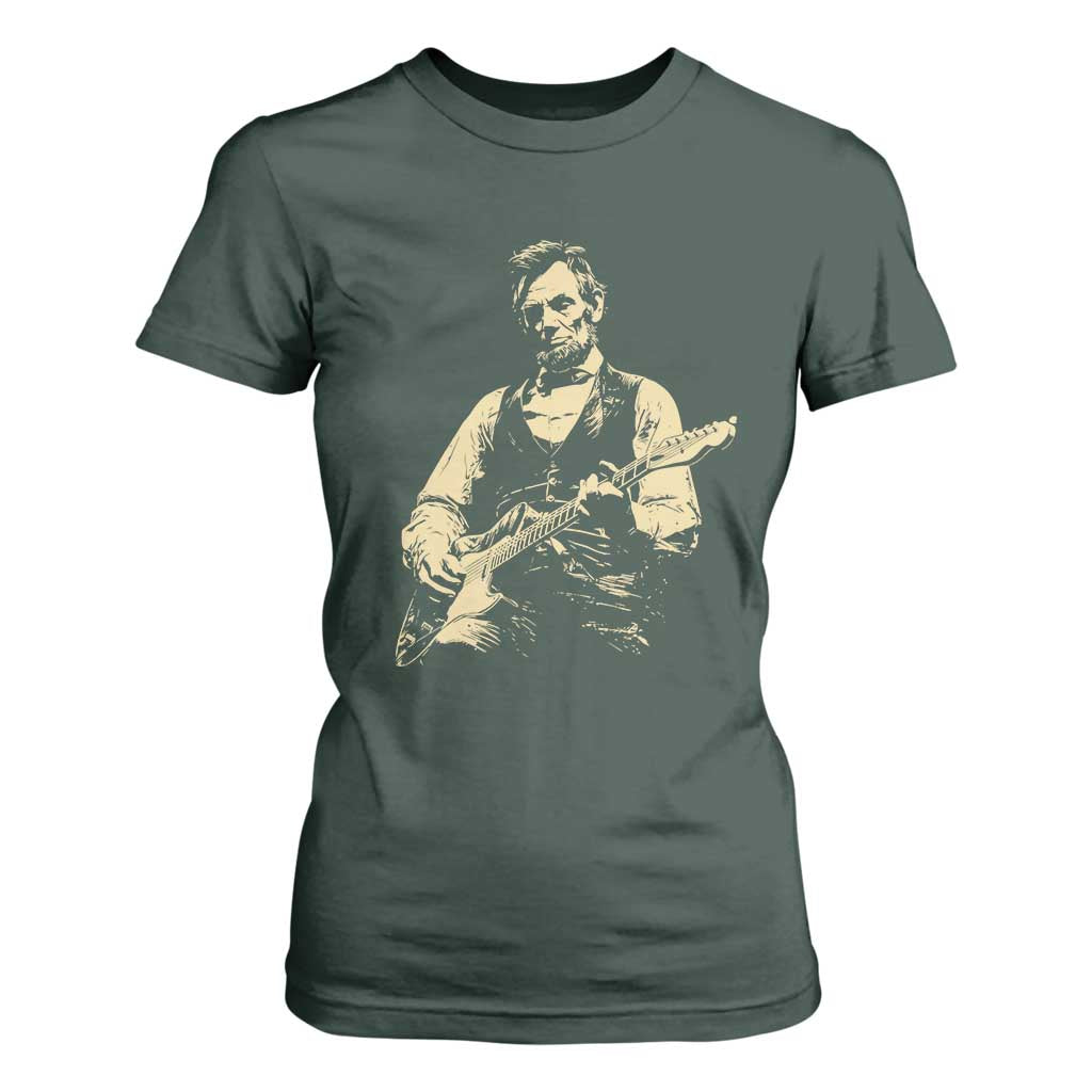 Vintage Rockin Abe Abraham Lincoln Playing Electric Guitar T Shirt For Women Patriotic Music Rocker Mashup 4th of July Celebration TS02 Dark Forest Green Print Your Wear