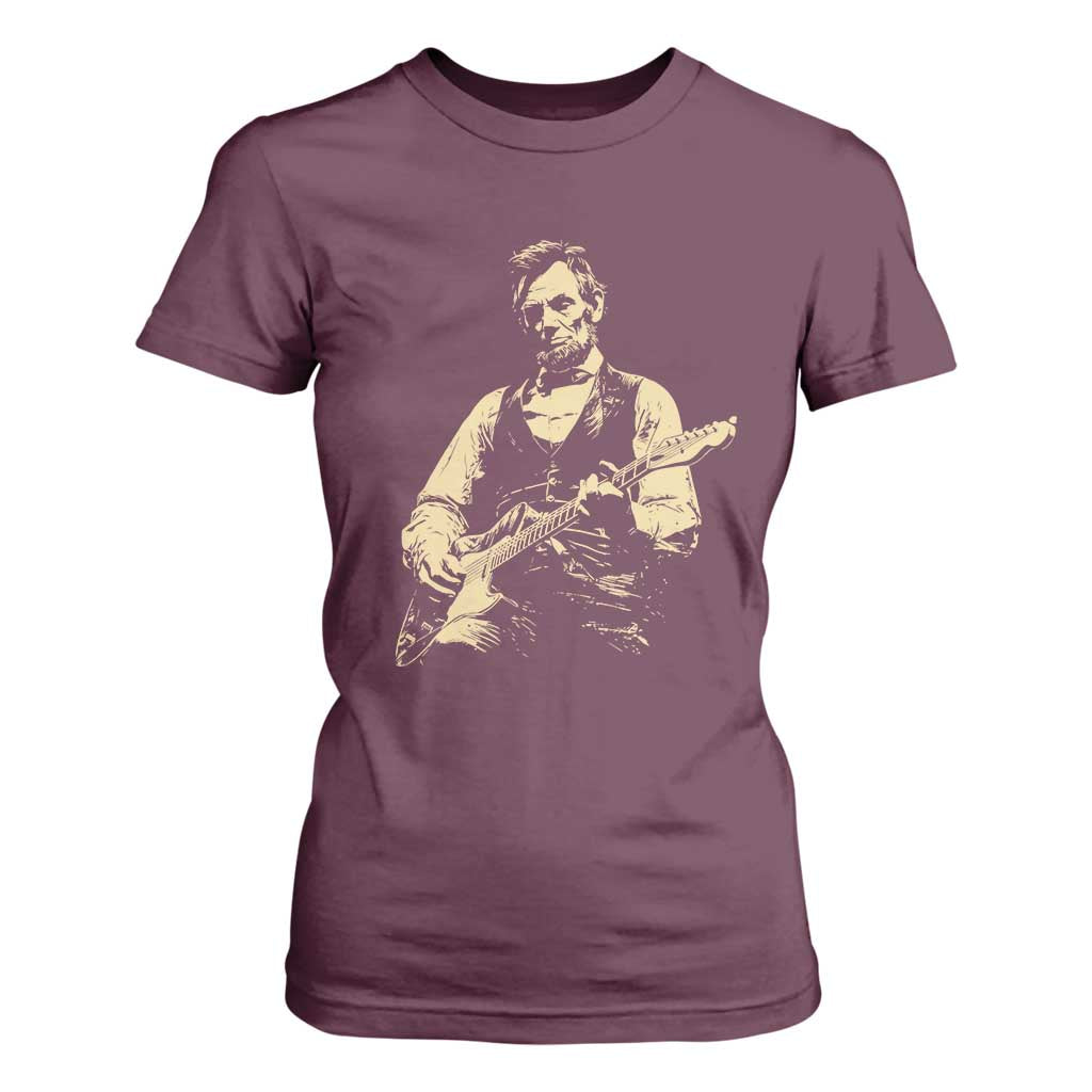 Vintage Rockin Abe Abraham Lincoln Playing Electric Guitar T Shirt For Women Patriotic Music Rocker Mashup 4th of July Celebration TS02 Maroon Print Your Wear