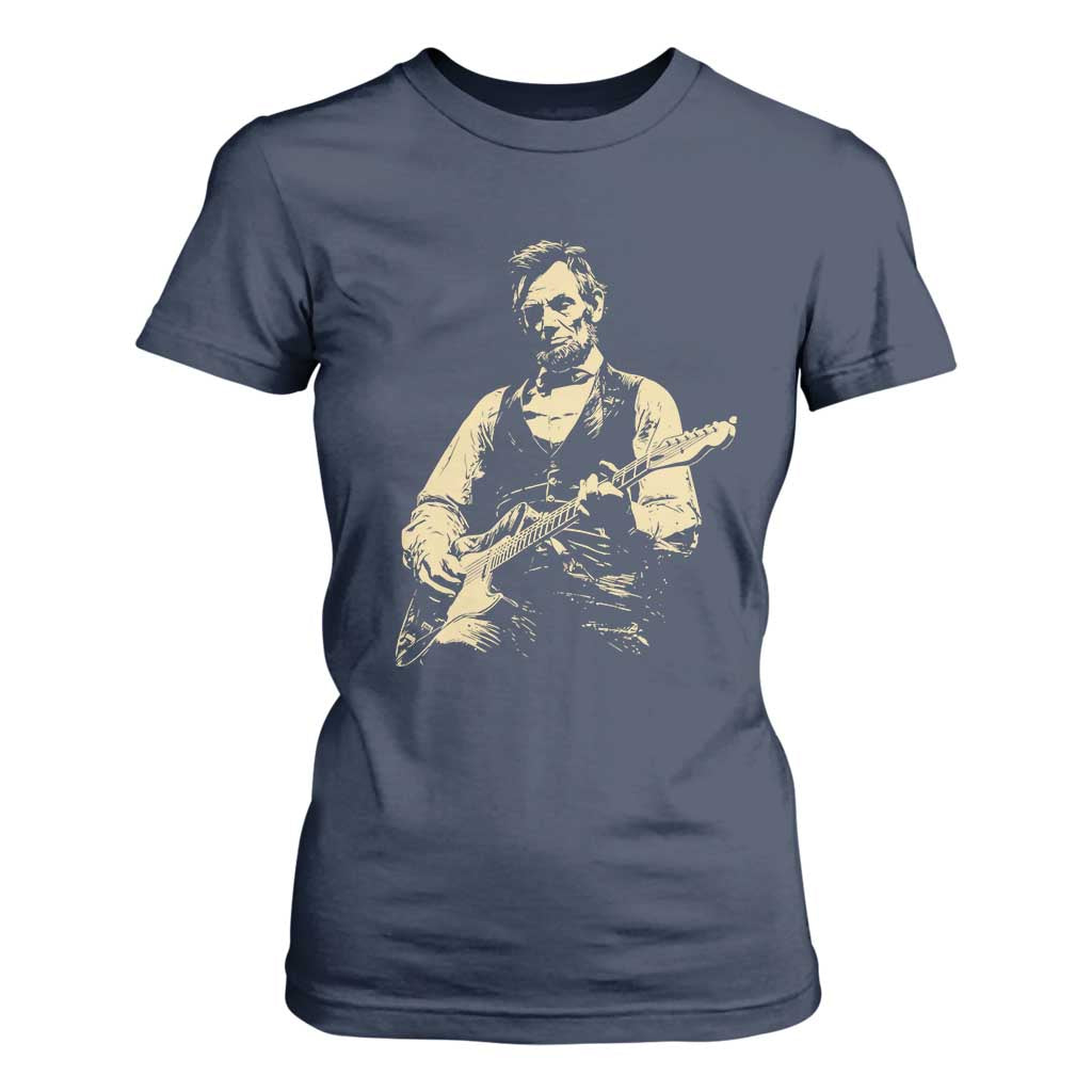 Vintage Rockin Abe Abraham Lincoln Playing Electric Guitar T Shirt For Women Patriotic Music Rocker Mashup 4th of July Celebration TS02 Navy Print Your Wear