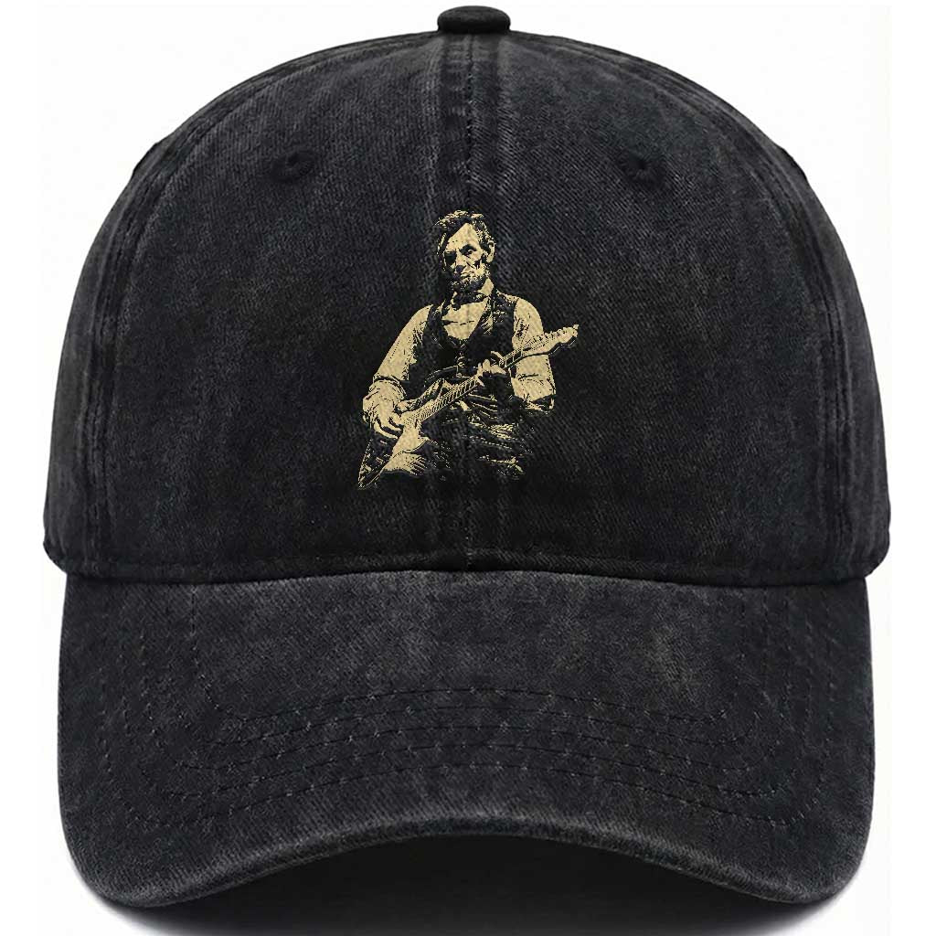 Vintage Rockin Abe Abraham Lincoln Playing Electric Guitar Washed Cotton Baseball Cap Patriotic Music Rocker Mashup 4th of July Celebration TS02 Print Your Wear