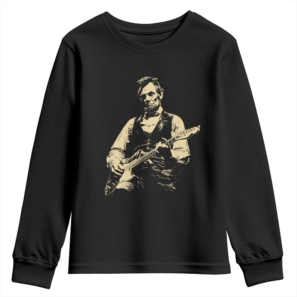 Vintage Rockin Abe Abraham Lincoln Playing Electric Guitar Youth Sweatshirt Patriotic Music Rocker Mashup 4th of July Celebration TS02 Black Print Your Wear