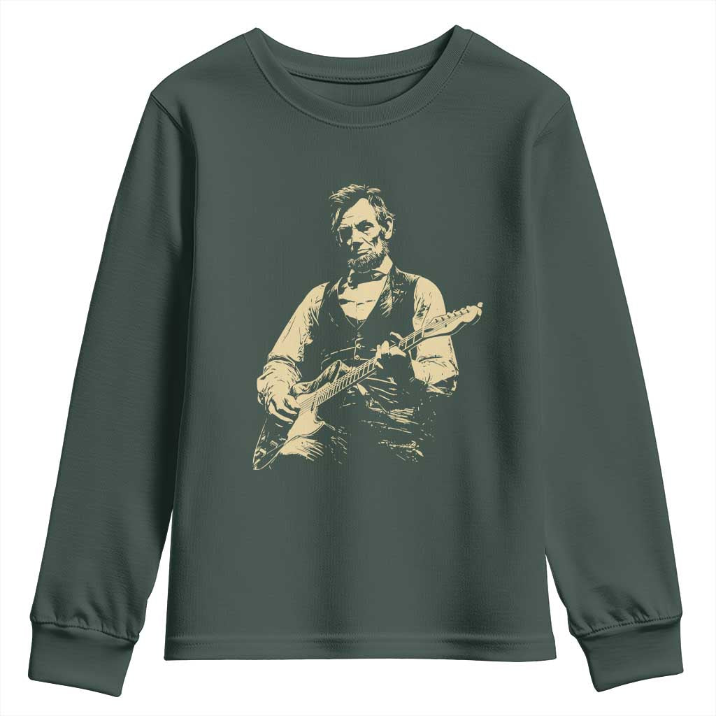 Vintage Rockin Abe Abraham Lincoln Playing Electric Guitar Youth Sweatshirt Patriotic Music Rocker Mashup 4th of July Celebration TS02 Dark Forest Green Print Your Wear