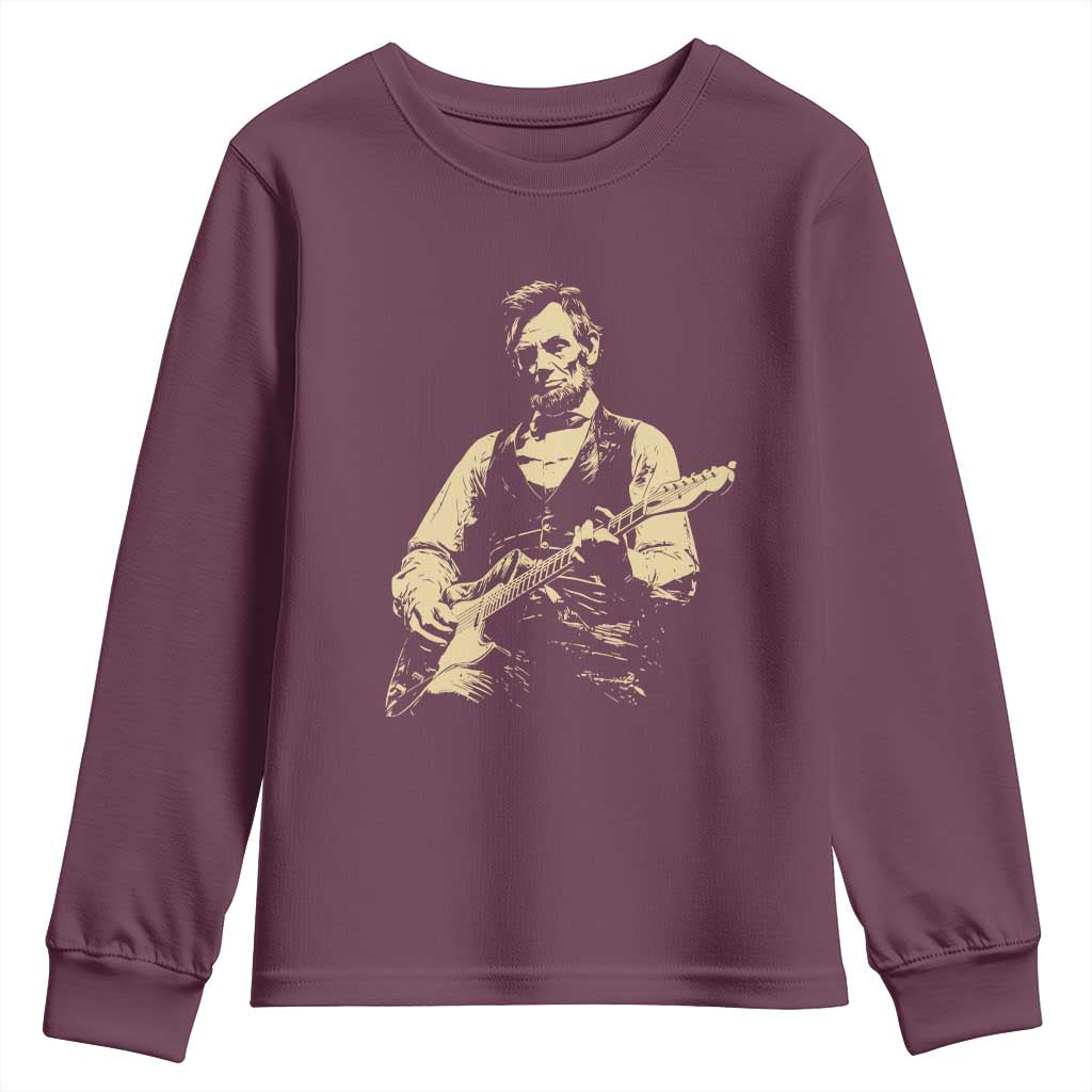 Vintage Rockin Abe Abraham Lincoln Playing Electric Guitar Youth Sweatshirt Patriotic Music Rocker Mashup 4th of July Celebration TS02 Maroon Print Your Wear