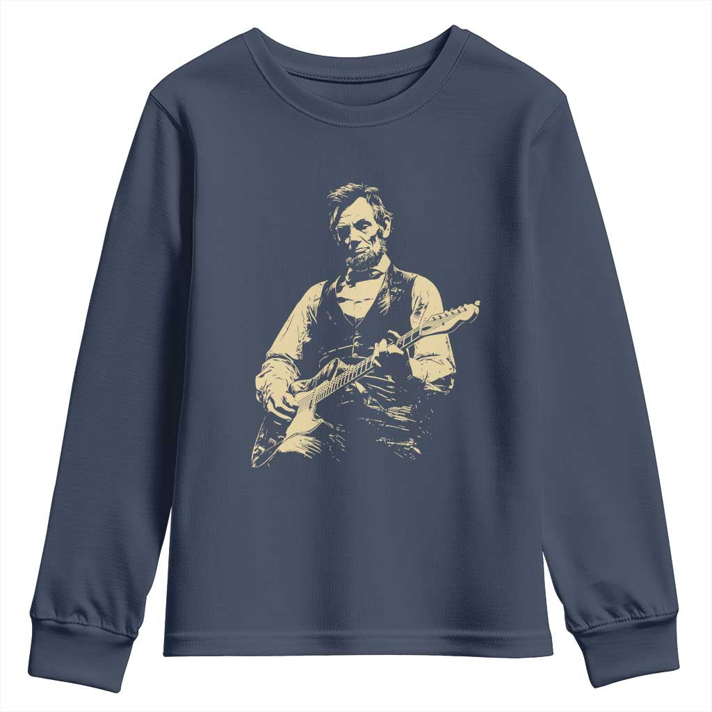 Vintage Rockin Abe Abraham Lincoln Playing Electric Guitar Youth Sweatshirt Patriotic Music Rocker Mashup 4th of July Celebration TS02 Navy Print Your Wear