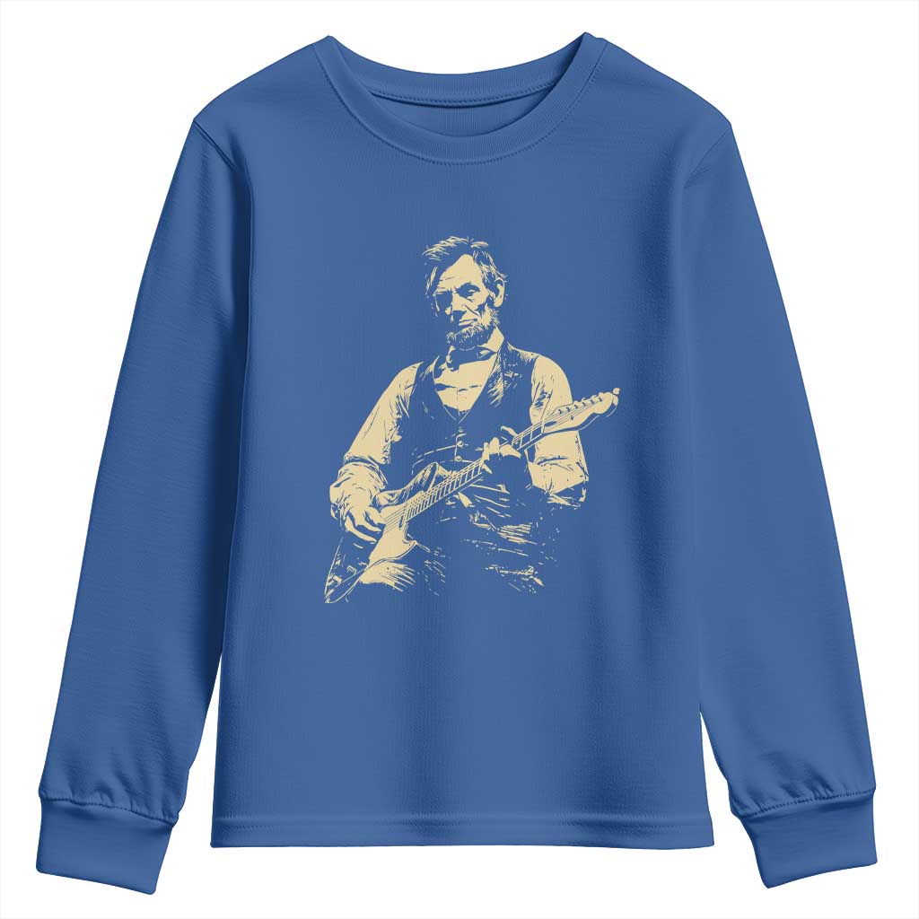 Vintage Rockin Abe Abraham Lincoln Playing Electric Guitar Youth Sweatshirt Patriotic Music Rocker Mashup 4th of July Celebration TS02 Royal Blue Print Your Wear
