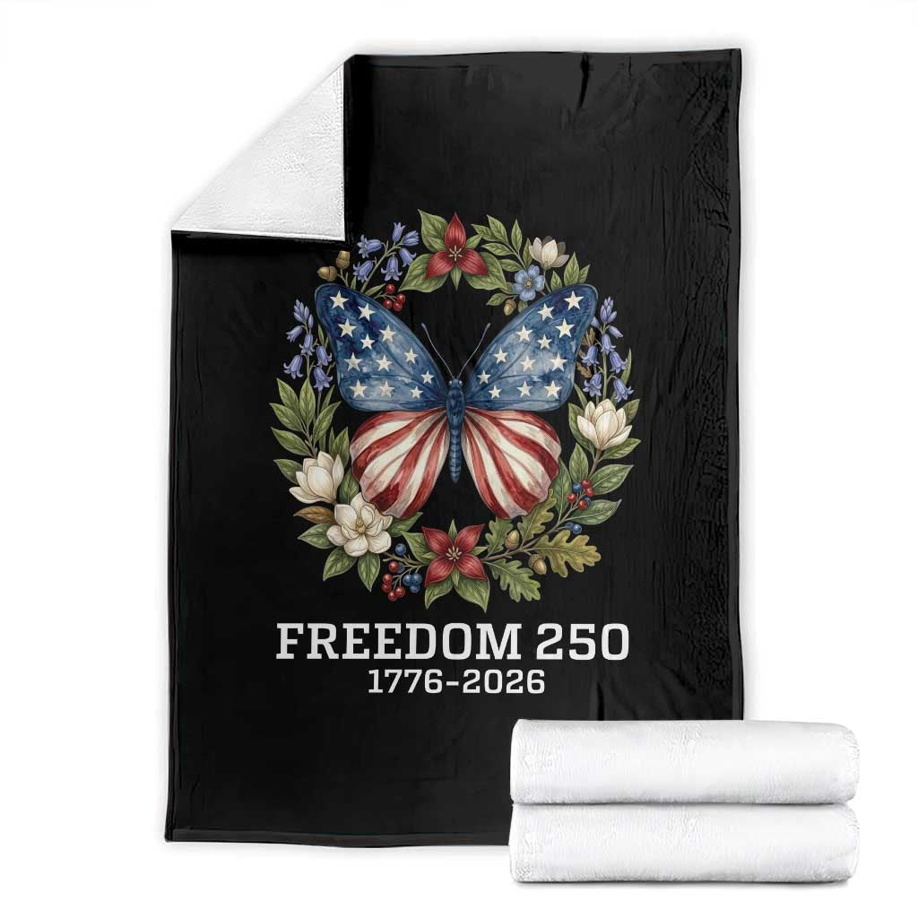 Freedom 250 Years American Flag Butterfly Throw Blanket Floral Wreath Patriotic 1776-2026 Semiquincentennial Celebration TS02 Black Print Your Wear
