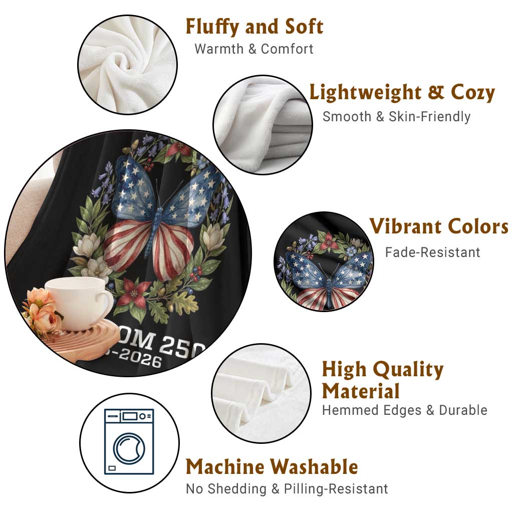 Freedom 250 Years American Flag Butterfly Throw Blanket Floral Wreath Patriotic 1776-2026 Semiquincentennial Celebration TS02 Print Your Wear
