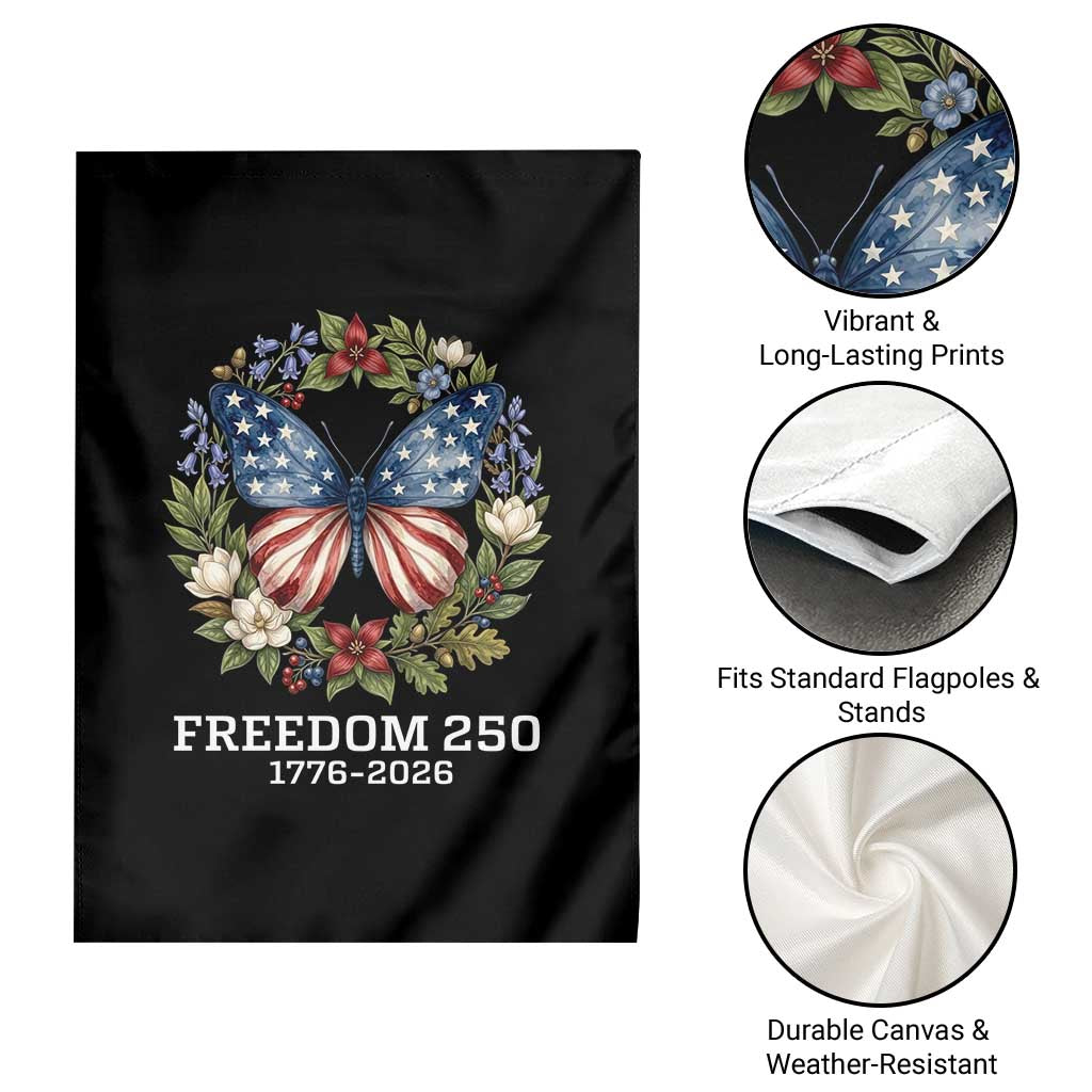 Freedom 250 Years American Flag Butterfly Garden Flag Floral Wreath Patriotic 1776-2026 Semiquincentennial Celebration TS02 Print Your Wear