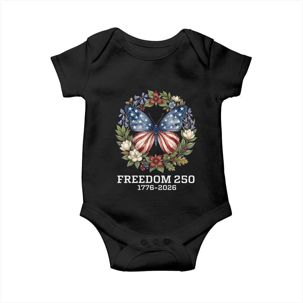 Freedom 250 Years American Flag Butterfly Baby Onesie Floral Wreath Patriotic 1776-2026 Semiquincentennial Celebration TS02 Black Print Your Wear