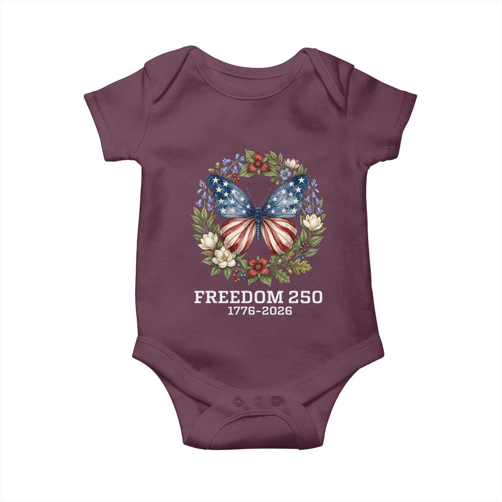 Freedom 250 Years American Flag Butterfly Baby Onesie Floral Wreath Patriotic 1776-2026 Semiquincentennial Celebration TS02 Maroon Print Your Wear