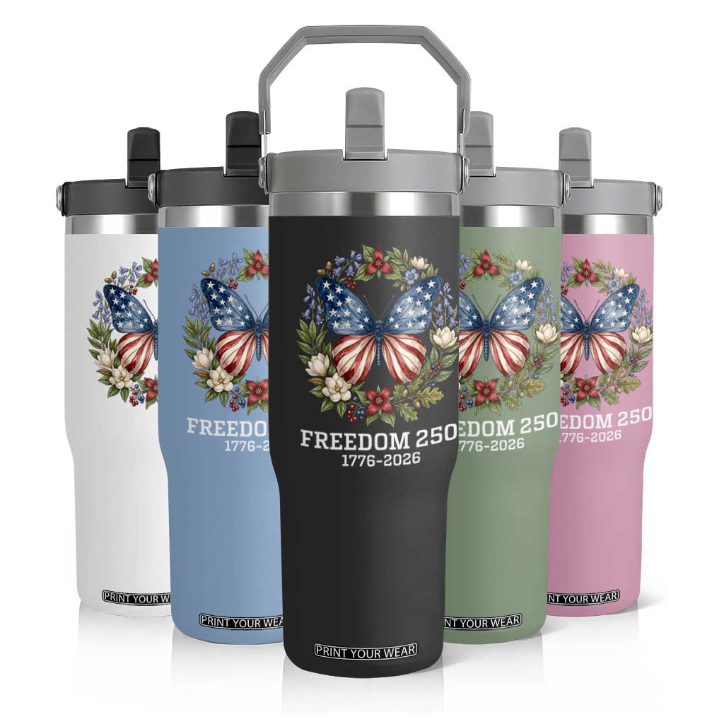 Freedom 250 Years American Flag Butterfly Flip Straw Tumbler Floral Wreath Patriotic 1776-2026 Semiquincentennial Celebration TS02 Print Your Wear