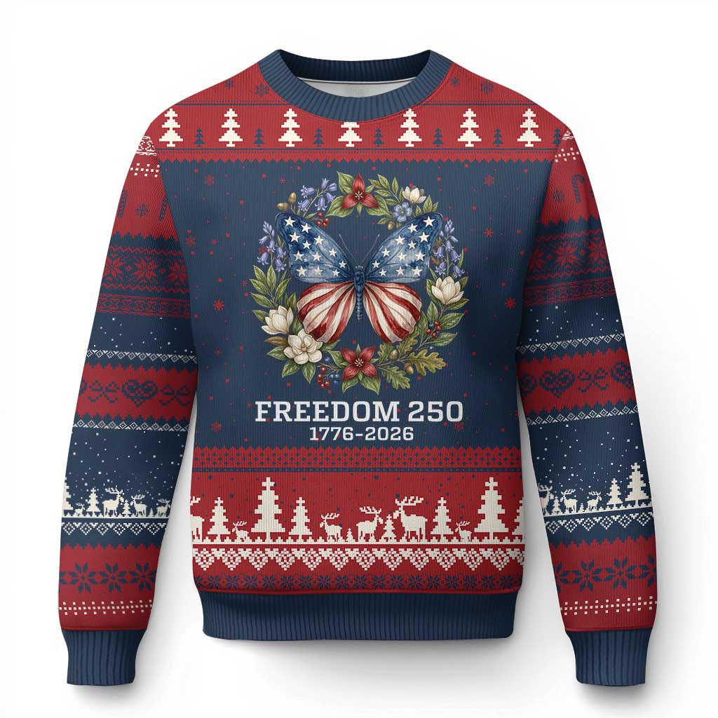Freedom 250 Years American Flag Butterfly Ugly Christmas Sweater Floral Wreath Patriotic 1776-2026 Semiquincentennial Celebration TS02 Navy Red Print Your Wear