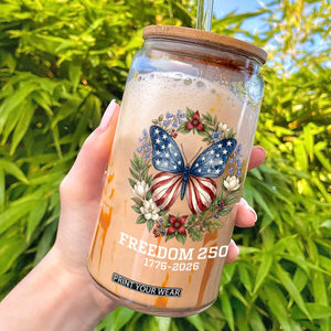 Freedom 250 Years American Flag Butterfly Glass Can Floral Wreath Patriotic 1776-2026 Semiquincentennial Celebration TS02 Black Print Your Wear