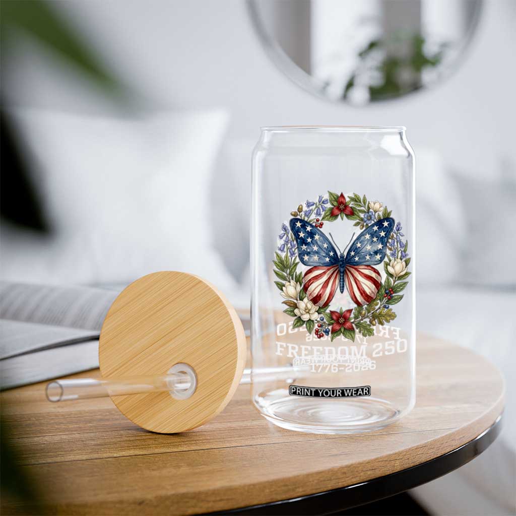 Freedom 250 Years American Flag Butterfly Glass Can Floral Wreath Patriotic 1776-2026 Semiquincentennial Celebration TS02 Print Your Wear