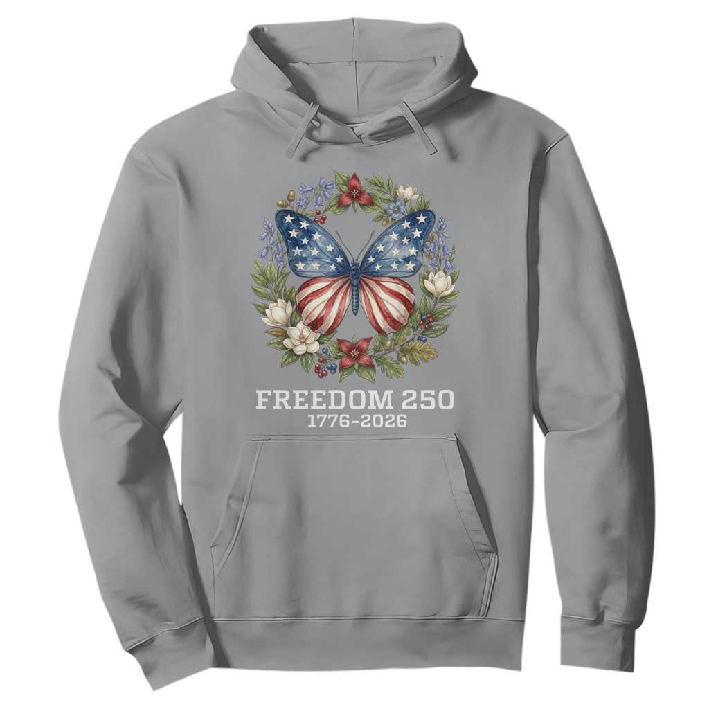 Freedom 250 Years American Flag Butterfly Hoodie Floral Wreath Patriotic 1776-2026 Semiquincentennial Celebration TS02 Sport Gray Print Your Wear