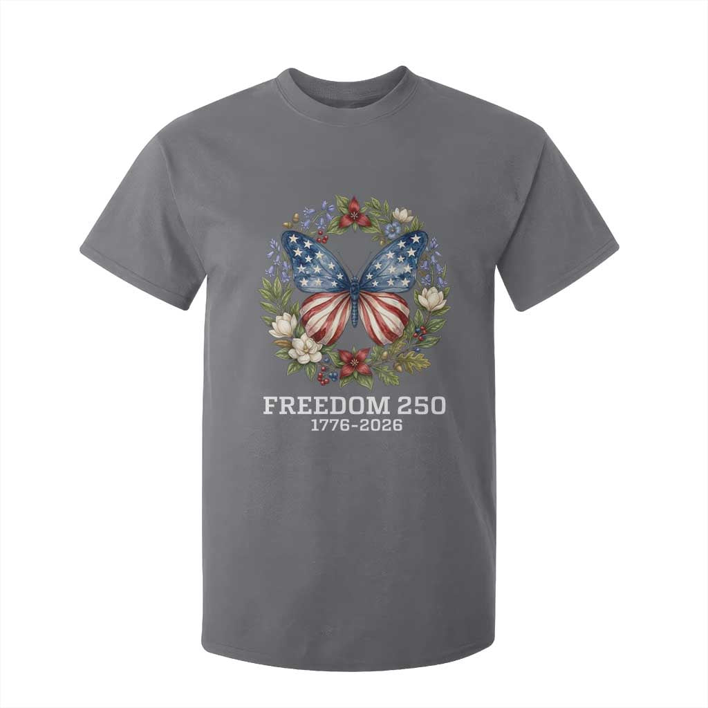 Freedom 250 Years American Flag Butterfly T Shirt For Kid Floral Wreath Patriotic 1776-2026 Semiquincentennial Celebration TS02 Charcoal Print Your Wear