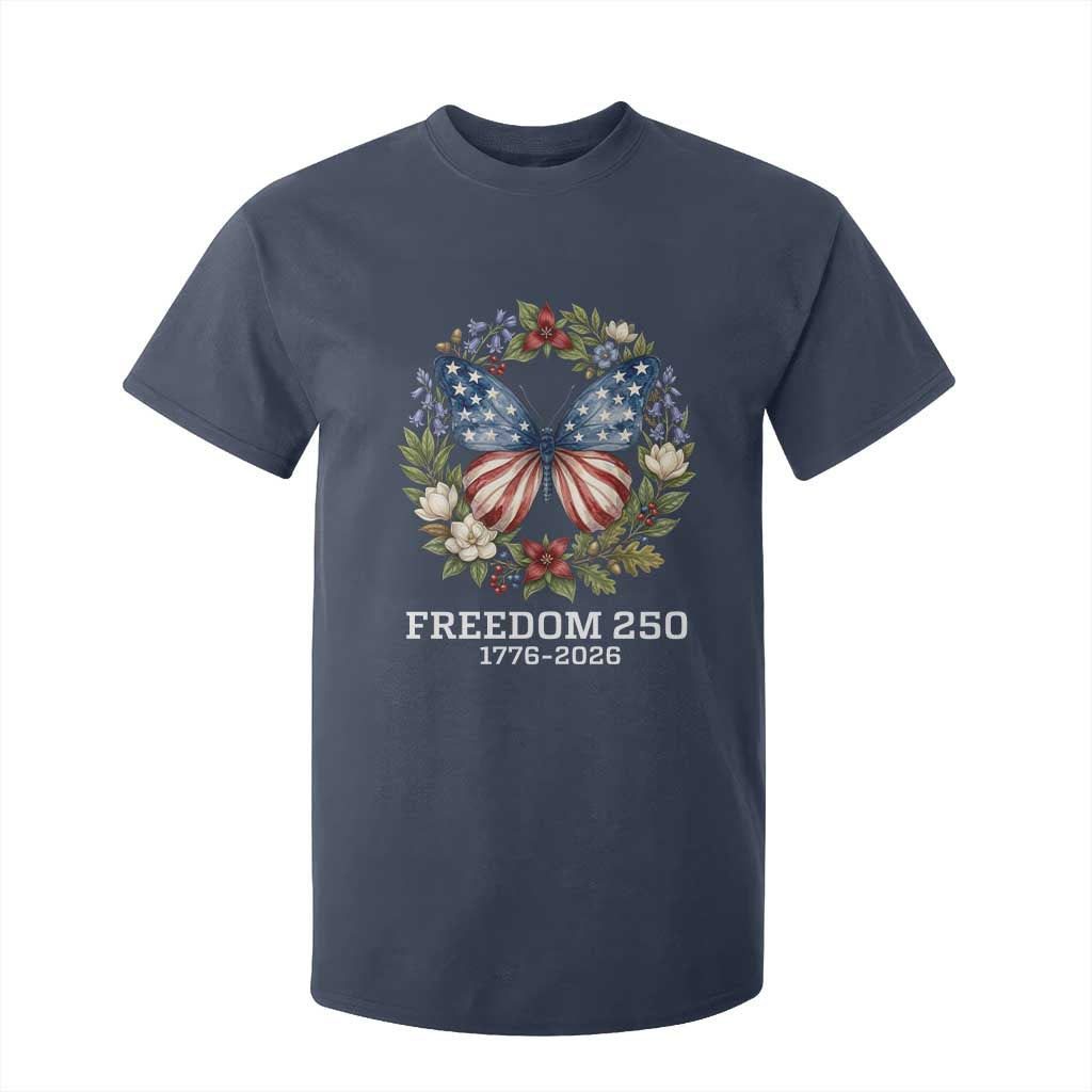 Freedom 250 Years American Flag Butterfly T Shirt For Kid Floral Wreath Patriotic 1776-2026 Semiquincentennial Celebration TS02 Navy Print Your Wear