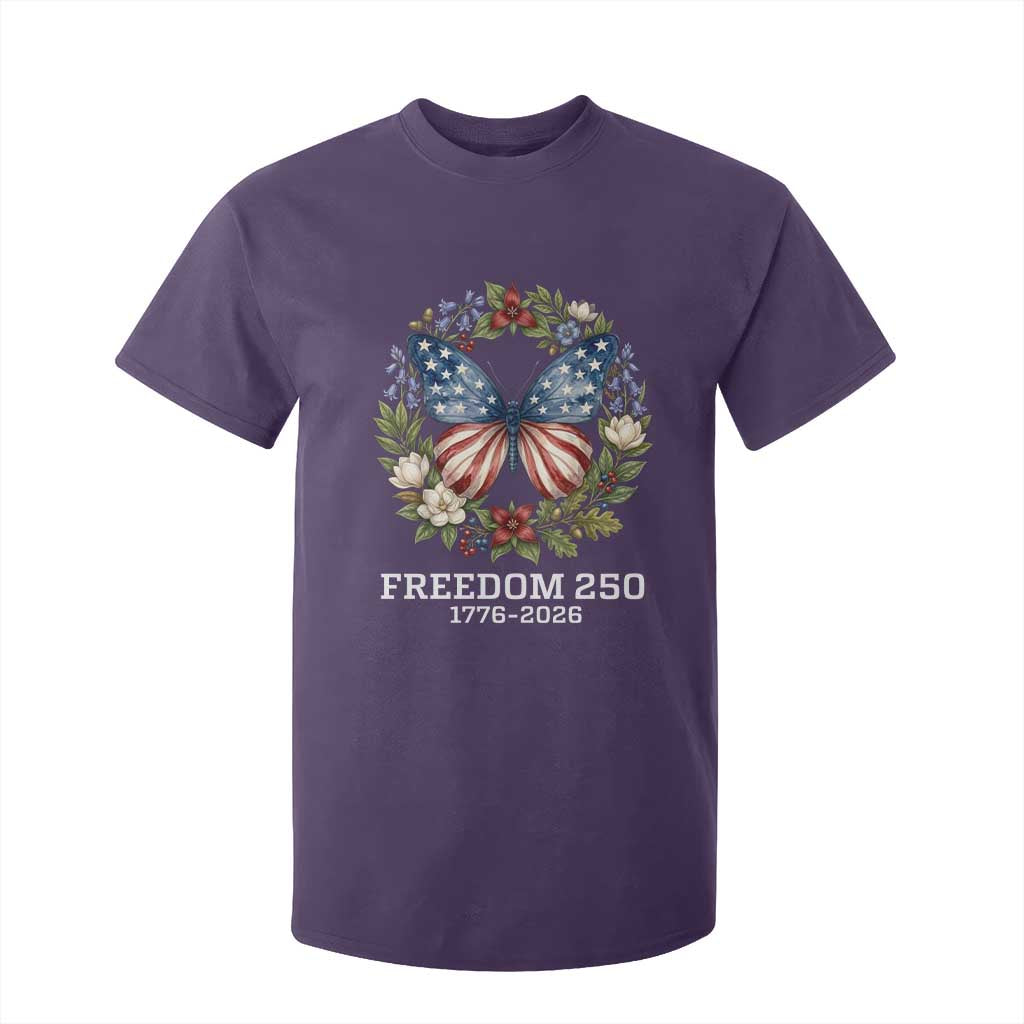 Freedom 250 Years American Flag Butterfly T Shirt For Kid Floral Wreath Patriotic 1776-2026 Semiquincentennial Celebration TS02 Purple Print Your Wear