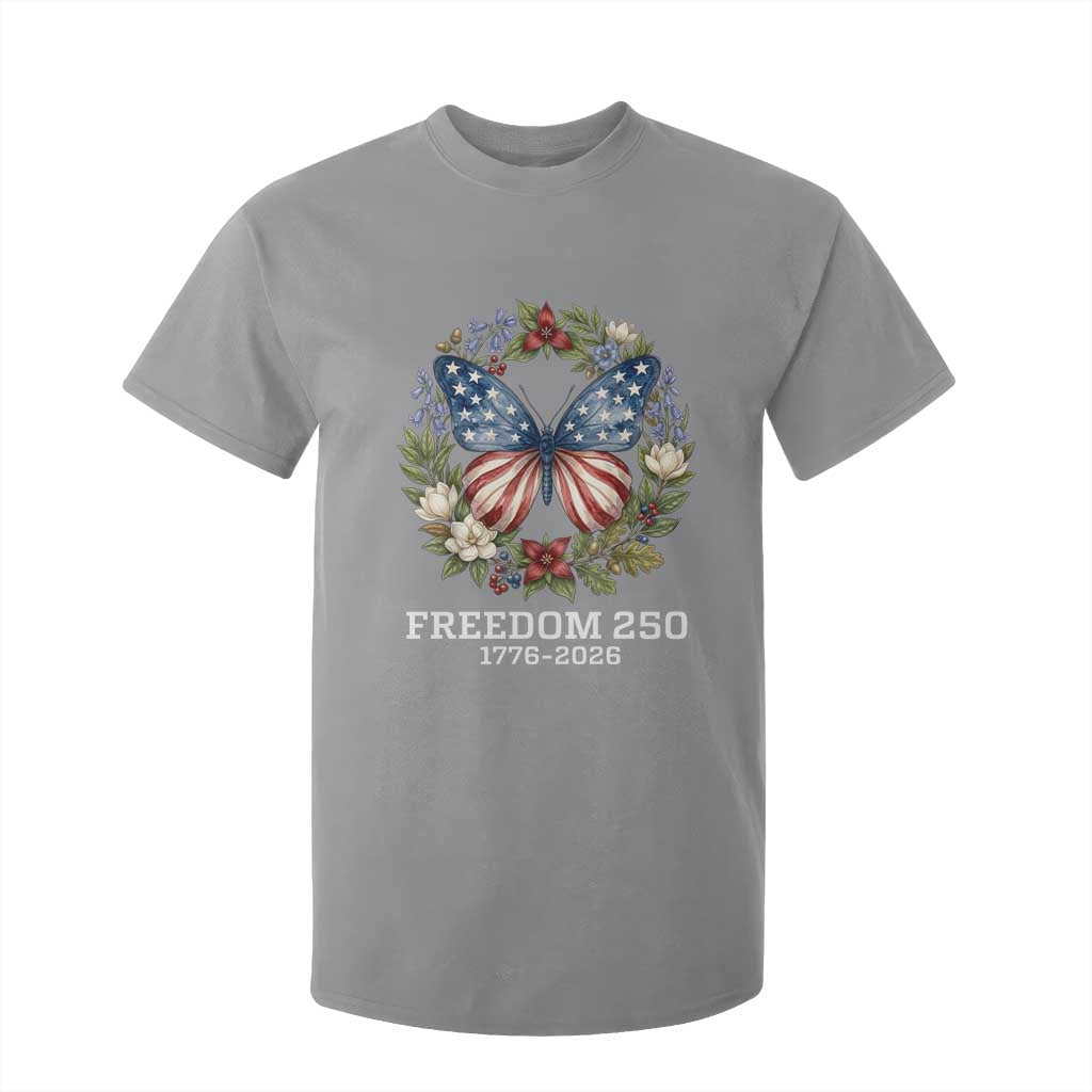 Freedom 250 Years American Flag Butterfly T Shirt For Kid Floral Wreath Patriotic 1776-2026 Semiquincentennial Celebration TS02 Sport Gray Print Your Wear
