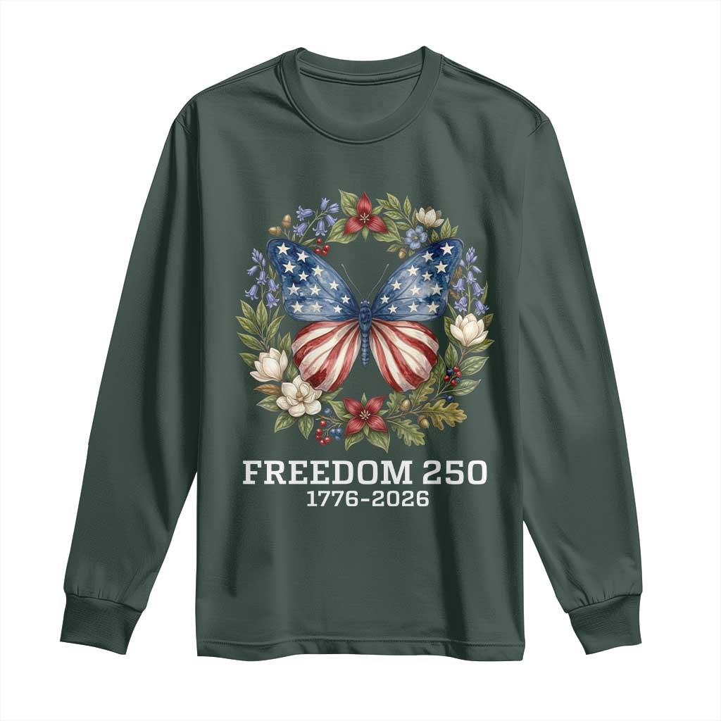 Freedom 250 Years American Flag Butterfly Long Sleeve Shirt Floral Wreath Patriotic 1776-2026 Semiquincentennial Celebration TS02 Dark Forest Green Print Your Wear