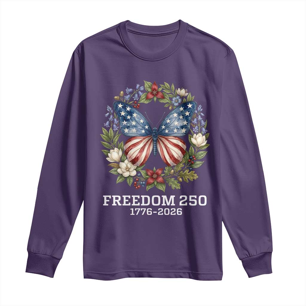 Freedom 250 Years American Flag Butterfly Long Sleeve Shirt Floral Wreath Patriotic 1776-2026 Semiquincentennial Celebration TS02 Purple Print Your Wear