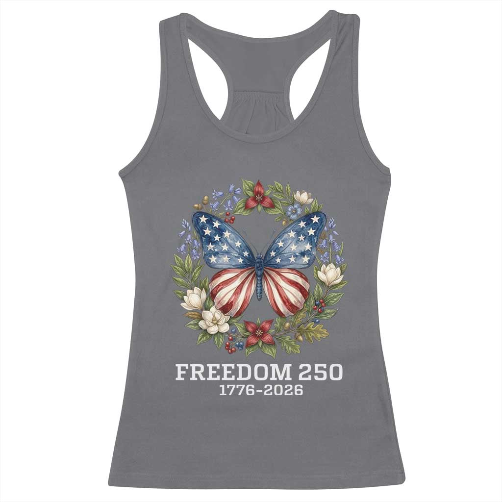 Freedom 250 Years American Flag Butterfly Racerback Tank Top Floral Wreath Patriotic 1776-2026 Semiquincentennial Celebration TS02 Charcoal Print Your Wear