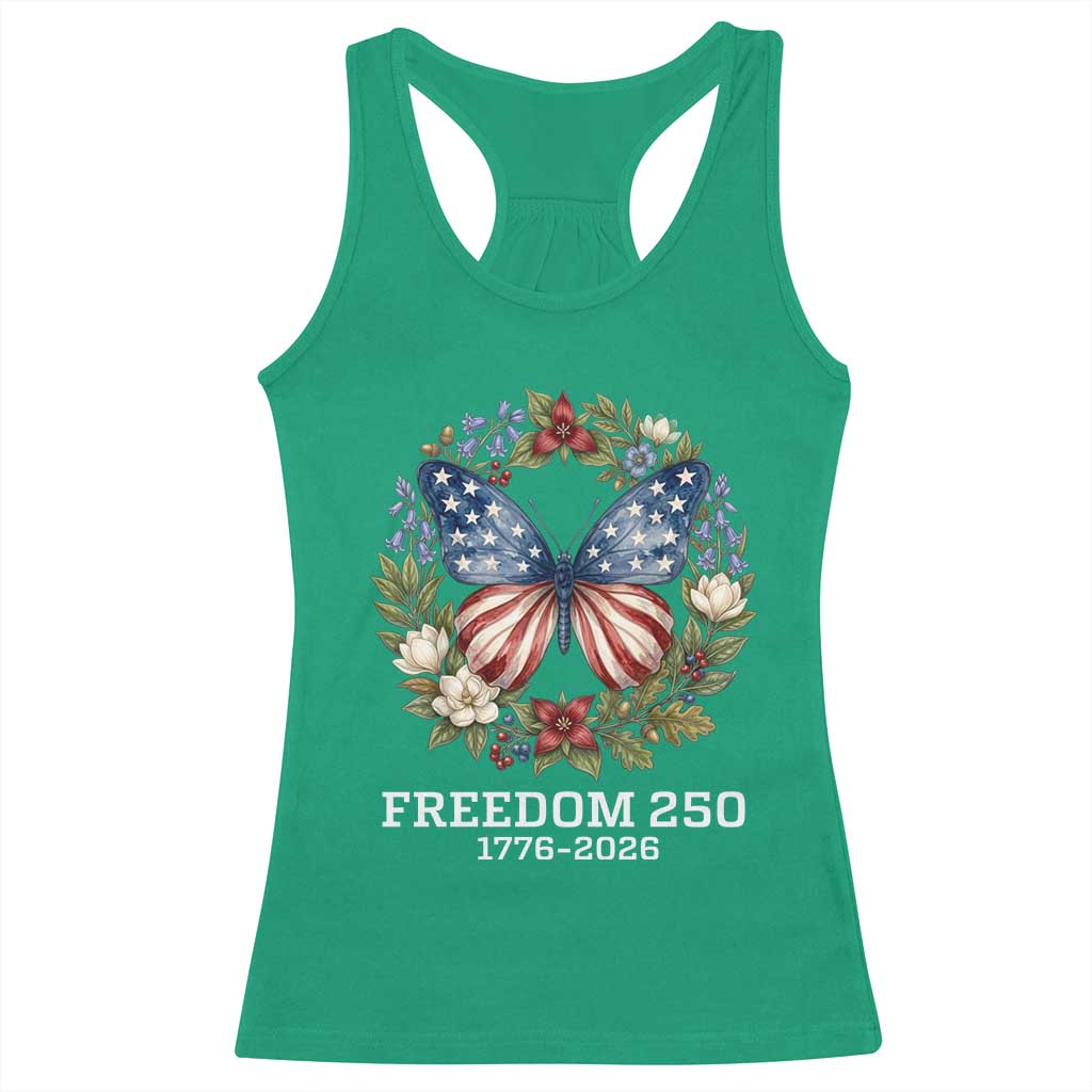 Freedom 250 Years American Flag Butterfly Racerback Tank Top Floral Wreath Patriotic 1776-2026 Semiquincentennial Celebration TS02 Irish Green Print Your Wear