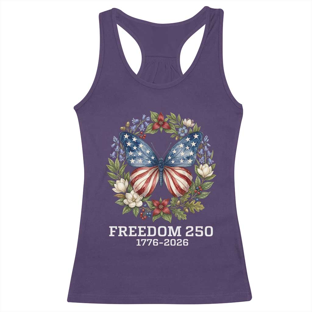 Freedom 250 Years American Flag Butterfly Racerback Tank Top Floral Wreath Patriotic 1776-2026 Semiquincentennial Celebration TS02 Purple Print Your Wear