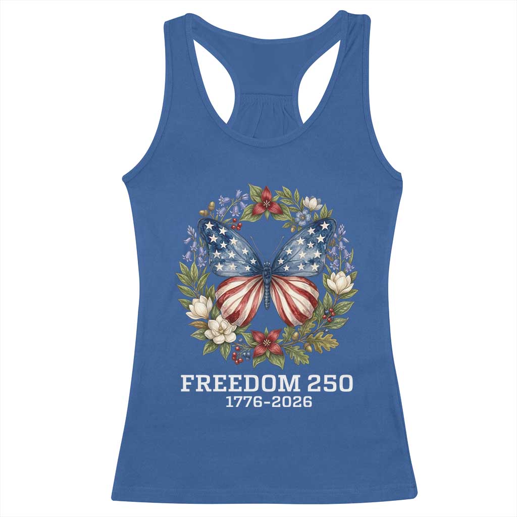 Freedom 250 Years American Flag Butterfly Racerback Tank Top Floral Wreath Patriotic 1776-2026 Semiquincentennial Celebration TS02 Royal Blue Print Your Wear