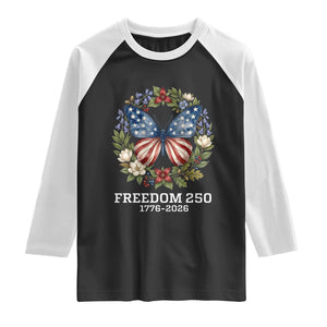 Freedom 250 Years American Flag Butterfly Raglan Shirt Floral Wreath Patriotic 1776-2026 Semiquincentennial Celebration TS02 Black White Print Your Wear