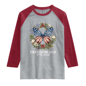 Freedom 250 Years American Flag Butterfly Raglan Shirt Floral Wreath Patriotic 1776-2026 Semiquincentennial Celebration TS02 Heather Gray Heather Red Print Your Wear