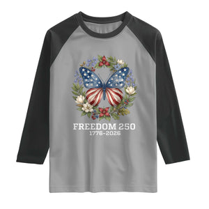 Freedom 250 Years American Flag Butterfly Raglan Shirt Floral Wreath Patriotic 1776-2026 Semiquincentennial Celebration TS02 Sport Gray Black Print Your Wear