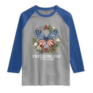 Freedom 250 Years American Flag Butterfly Raglan Shirt Floral Wreath Patriotic 1776-2026 Semiquincentennial Celebration TS02 Sport Gray Royal Print Your Wear