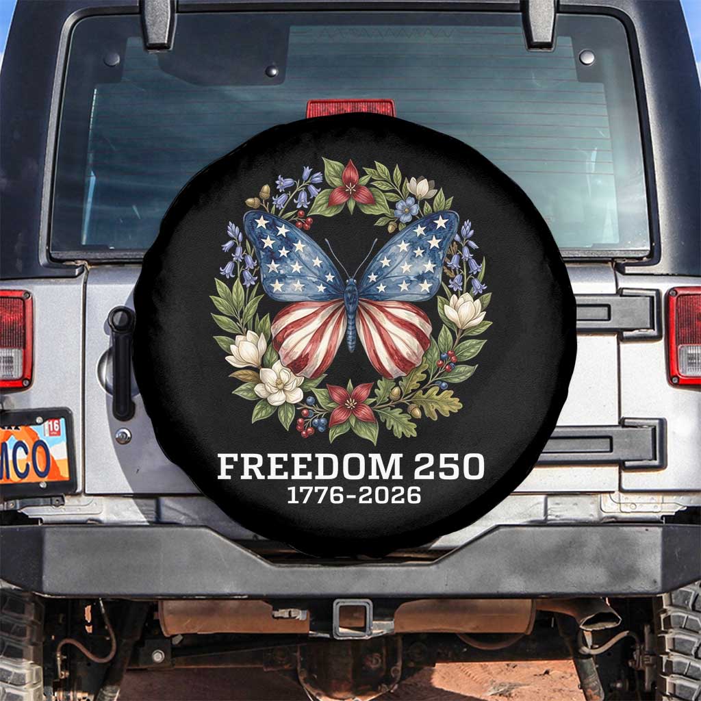 Freedom 250 Years American Flag Butterfly Spare Tire Cover Floral Wreath Patriotic 1776-2026 Semiquincentennial Celebration TS02 No hole Black Print Your Wear