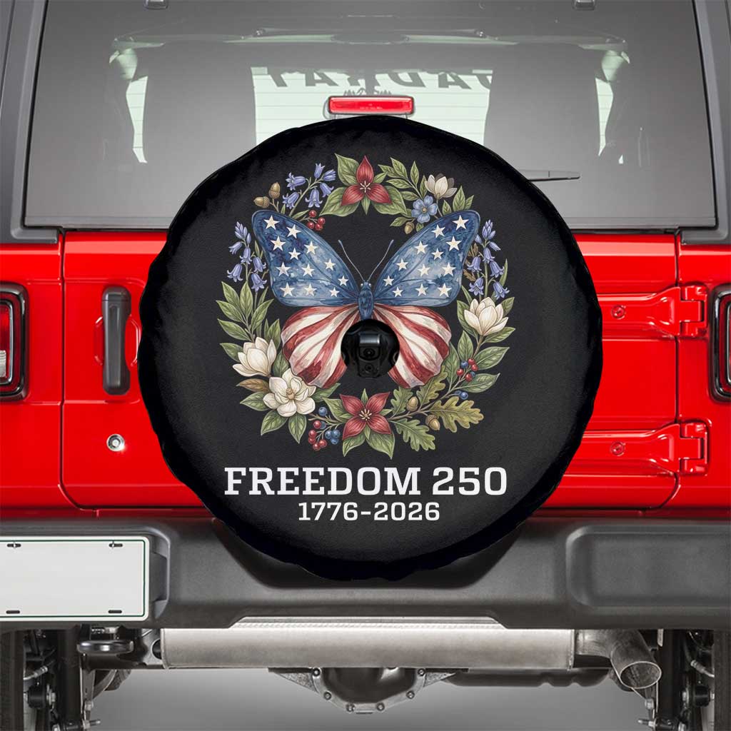 Freedom 250 Years American Flag Butterfly Spare Tire Cover Floral Wreath Patriotic 1776-2026 Semiquincentennial Celebration TS02 Black Print Your Wear
