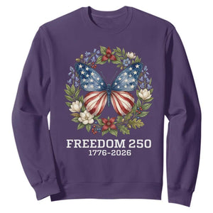 Freedom 250 Years American Flag Butterfly Sweatshirt Floral Wreath Patriotic 1776-2026 Semiquincentennial Celebration TS02 Purple Print Your Wear