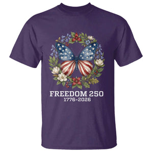 Freedom 250 Years American Flag Butterfly T Shirt Floral Wreath Patriotic 1776-2026 Semiquincentennial Celebration TS02 Purple Print Your Wear