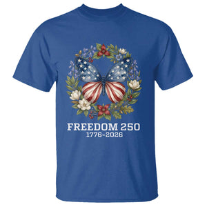 Freedom 250 Years American Flag Butterfly T Shirt Floral Wreath Patriotic 1776-2026 Semiquincentennial Celebration TS02 Royal Blue Print Your Wear