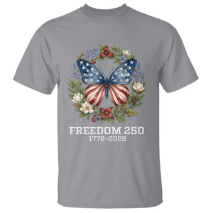 Freedom 250 Years American Flag Butterfly T Shirt Floral Wreath Patriotic 1776-2026 Semiquincentennial Celebration TS02 Sport Gray Print Your Wear