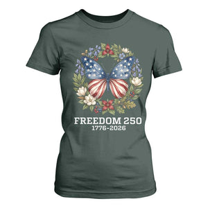 Freedom 250 Years American Flag Butterfly T Shirt For Women Floral Wreath Patriotic 1776-2026 Semiquincentennial Celebration TS02 Dark Forest Green Print Your Wear