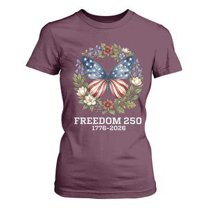 Freedom 250 Years American Flag Butterfly T Shirt For Women Floral Wreath Patriotic 1776-2026 Semiquincentennial Celebration TS02 Maroon Print Your Wear