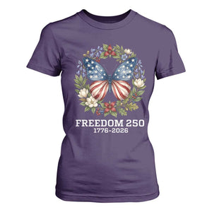 Freedom 250 Years American Flag Butterfly T Shirt For Women Floral Wreath Patriotic 1776-2026 Semiquincentennial Celebration TS02 Purple Print Your Wear
