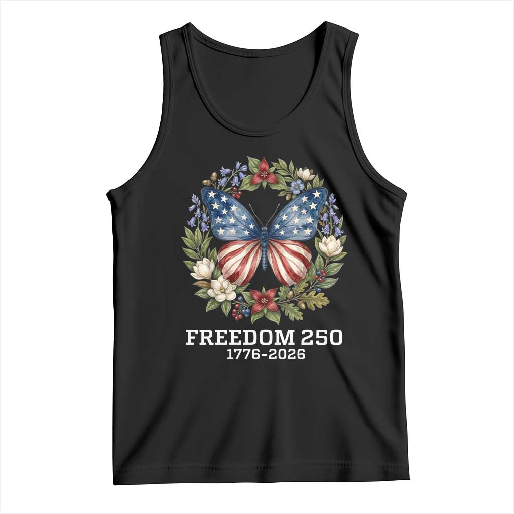 Freedom 250 Years American Flag Butterfly Tank Top Floral Wreath Patriotic 1776-2026 Semiquincentennial Celebration TS02 Black Print Your Wear