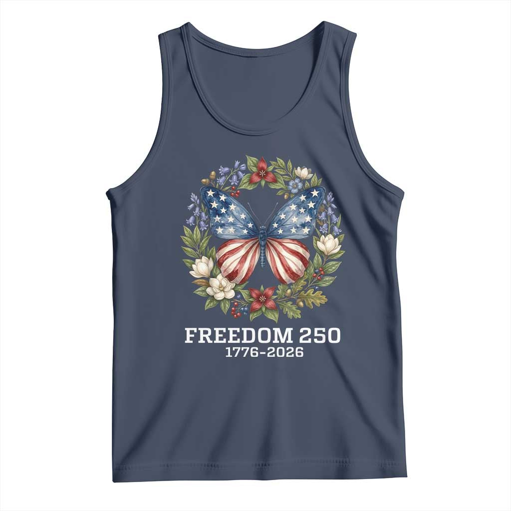 Freedom 250 Years American Flag Butterfly Tank Top Floral Wreath Patriotic 1776-2026 Semiquincentennial Celebration TS02 Navy Print Your Wear